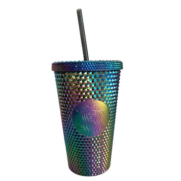 NWT Starbucks OIL SLICK Cold Cup Grande BLACK BLING Tumbler Rainbow Studded 2023 - Picture 1 of 4